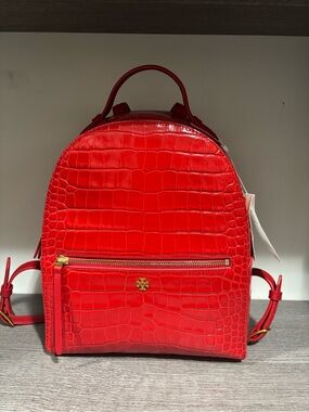 Tory Burch Red Croc-Embossed Mini Backpack with Gold Hardware